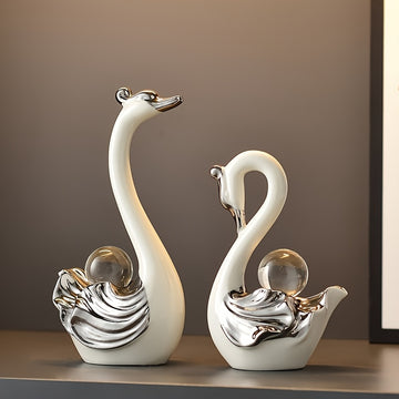 2 Piezas de Figuras de Cisne con Cristales - Decoración de Resina de Lujo para Sala, Soporte de TV, Uso Interior/Exterior - Regalo Elegante para Recién Casados