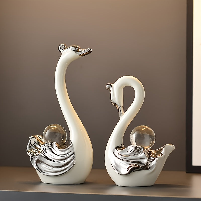 2 Piezas de Figuras de Cisne con Cristales - Decoración de Resina de Lujo para Sala, Soporte de TV, Uso Interior/Exterior - Regalo Elegante para Recién Casados