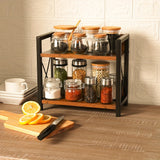 Organizador de Encimera de Madera Reciclada de 2 Niveles con Soportes en Forma de X - Estante Rústico Marrón para Especias y Café, Decoración Hogareña Ahorradora de Espacio