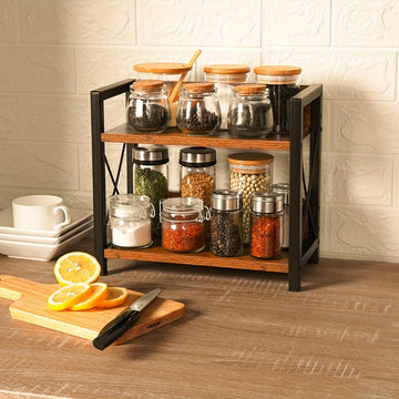 Organizador de Encimera de Madera Reciclada de 2 Niveles con Soportes en Forma de X - Estante Rústico Marrón para Especias y Café, Decoración Hogareña Ahorradora de Espacio