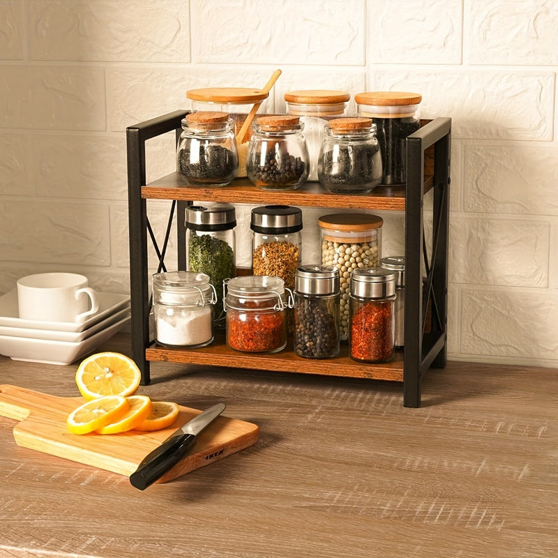 Organizador de Encimera de Madera Reciclada de 2 Niveles con Soportes en Forma de X - Estante Rústico Marrón para Especias y Café, Decoración Hogareña Ahorradora de Espacio