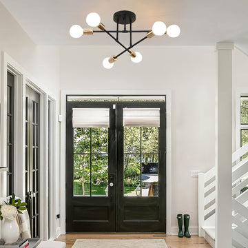 1pc Lámpara de Techo Semienterrada Moderna Negra Dorada con Acabado Metálico Pulido, Base para Bombilla E27 y Montaje Fijo para Dormitorio, Cocina, Sala de Estar, Comedor, Estudio, Lámpara de Techo para Cocina | Iluminación Elegante | Bombillas Metálicas