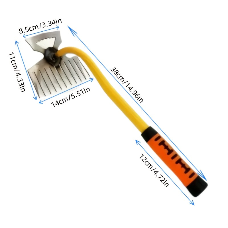 1pc Rastrillo de Manganeso Resistente con Mango Ergonómico Amarillo y Naranja - Herramienta Multifuncional para Descomprimir Suelos, Eliminar Malezas en Huertos, Jardines de Verduras - Herramienta Manual Duradera para Jardinería Doméstica y Agrícola, Aga