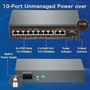 Conmutador PoE de 10 Puertos, con 8 Puertos POE+ y 2 Puertos de Enlace Hacia Arriba Gigabit, Cumple con IEEE802.3af/at, Potencia de hasta 120W, Distancia Extendida de 250 Metros, Diseño Metálico, Conmutador Ethernet No Administrado, Plug and Play