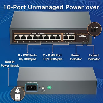 Conmutador PoE de 10 Puertos, con 8 Puertos POE+ y 2 Puertos de Enlace Hacia Arriba Gigabit, Cumple con IEEE802.3af/at, Potencia de hasta 120W, Distancia Extendida de 250 Metros, Diseño Metálico, Conmutador Ethernet No Administrado, Plug and Play