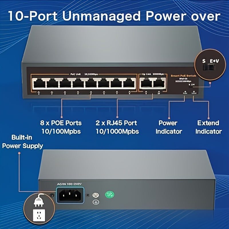 Conmutador PoE de 10 Puertos, con 8 Puertos POE+ y 2 Puertos de Enlace Hacia Arriba Gigabit, Cumple con IEEE802.3af/at, Potencia de hasta 120W, Distancia Extendida de 250 Metros, Diseño Metálico, Conmutador Ethernet No Administrado, Plug and Play