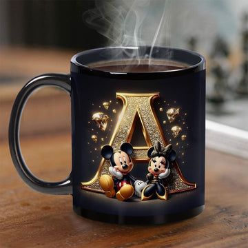 Taza de Cerámica de Disney Mickey y Minnie Mouse 1ud 11oz - Diseño Elegante con Letra Dorada A, Taza Duradera para Café, Té, Leche, Vino, Solo Lavado a Mano, Regalo de Cumpleaños para Fanáticos de Disney, Copa Disney