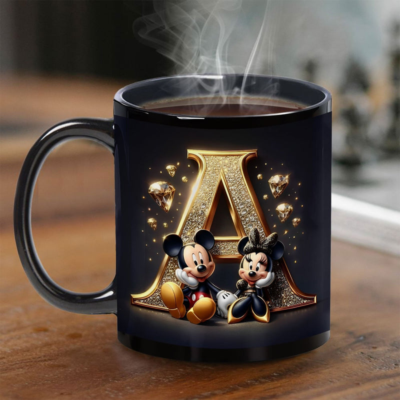 Taza de Cerámica de Disney Mickey y Minnie Mouse 1ud 11oz - Diseño Elegante con Letra Dorada A, Taza Duradera para Café, Té, Leche, Vino, Solo Lavado a Mano, Regalo de Cumpleaños para Fanáticos de Disney, Copa Disney