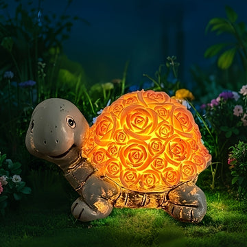 1 estatua de tortuga con energía solar y concha de rosa que brilla - Decoración de jardín al aire libre IP44, control de botón de energía solar, batería, ideal para fiestas de cumpleaños y regalos de San Valentín, decoración de tortuga