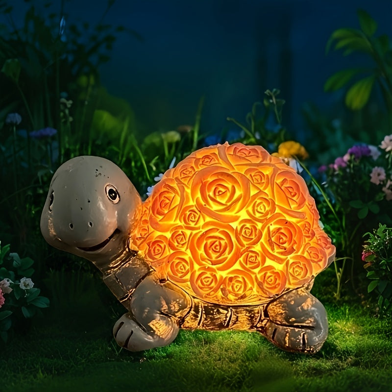 1 estatua de tortuga con energía solar y concha de rosa que brilla - Decoración de jardín al aire libre IP44, control de botón de energía solar, batería, ideal para fiestas de cumpleaños y regalos de San Valentín, decoración de tortuga
