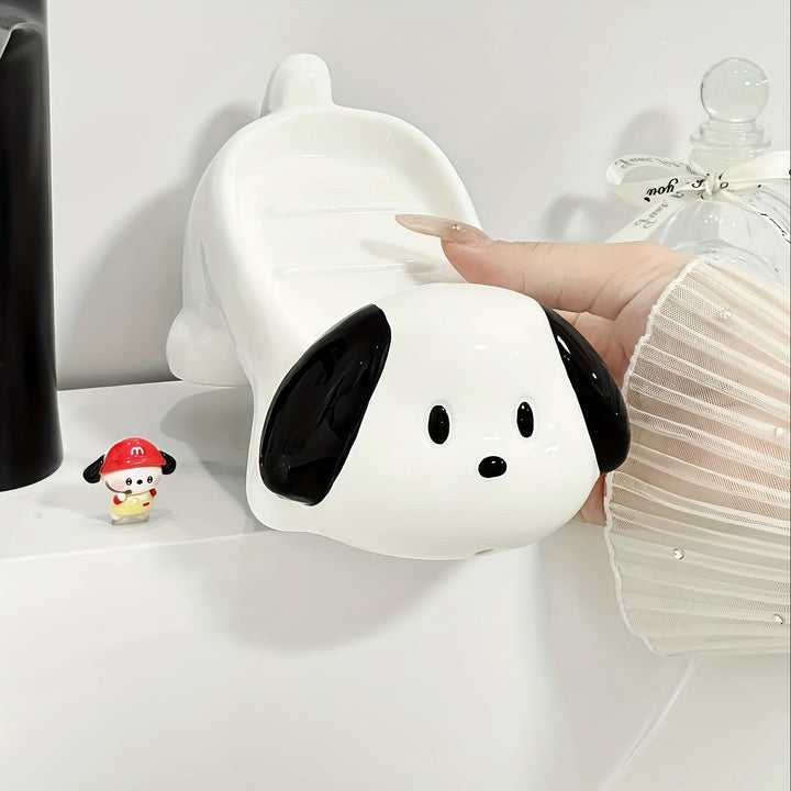 Plato de Jabón Cerámico para Perro y Blanco Lindo - Diseño Ovalado con Drenaje Rápido y Recorte en Forma de Corazón, Accesorio Decorativo Duradero para Baño y Encimera de Cocina, Portajabones Resistente, Soporte para Barra de Jabón