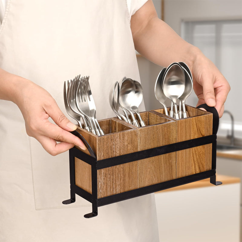 1pc Portaútiles, Bola de Utensilios Rústica con 3 Compartimentos, Organizador de Cocina para Encimera, Caja de Madera para Cubiertos, Tenedor, Cuchara y Espátula, Estilo Granja