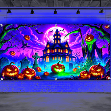 1pc Banderín UV que Brilla en la Oscuridad para Halloween - Diseño de Casa Encantada con Calabazas, Murciélagos y Lápidas, Decoración Grande de Tela Poliéster para Puertas de Garaje o Interiores/Exteriores, Sin Necesidad de Energía, Adornos Festivos, Amb