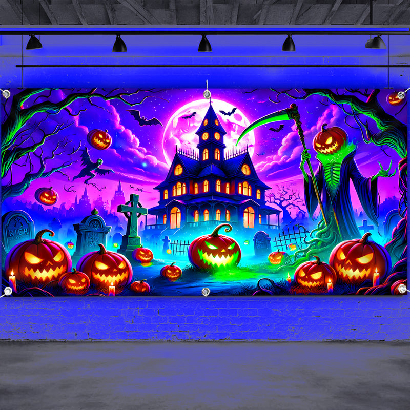 1pc Banderín UV que Brilla en la Oscuridad para Halloween - Diseño de Casa Encantada con Calabazas, Murciélagos y Lápidas, Decoración Grande de Tela Poliéster para Puertas de Garaje o Interiores/Exteriores, Sin Necesidad de Energía, Adornos Festivos, Amb