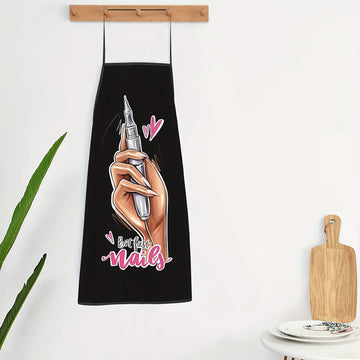 Delantal de diseño de arte de uñas negro vibrante - Correa de cuello ajustable, 100% poliéster de alta resistencia, perfecto para cocinar, jardinería y uso de cocina, elegante y funcional.