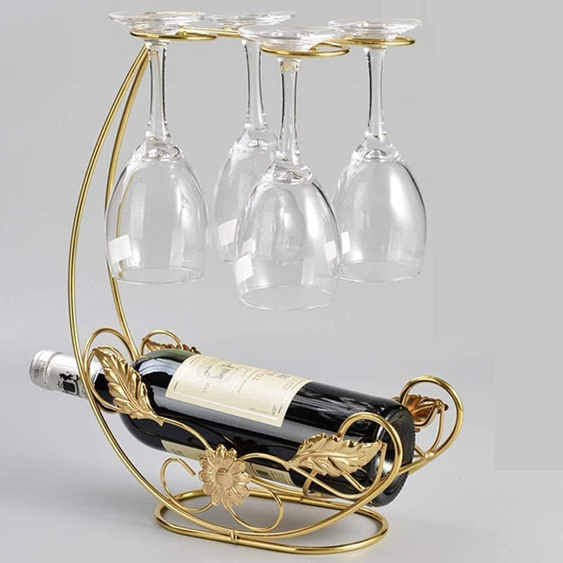 Soporte de botella de vino vintage y vaso con diseño metálico ornamentado - Alberga 1 botella y 4 vasos con tallo, ideal para decoración del hogar, fiestas y regalos de vacaciones, decoración de botella de vino.