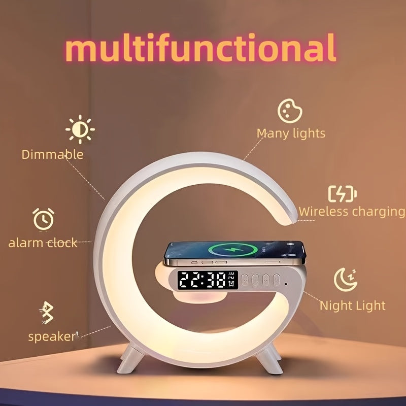 Lámpara de escritorio RGB moderna con carga inalámbrica, altavoz inalámbrico, brillo ajustable, múltiples modos de iluminación, reloj despertador y reproducción de tarjeta TF – Alimentación por USB, diseño elegante en blanco para dormitorio o estudio, ac
