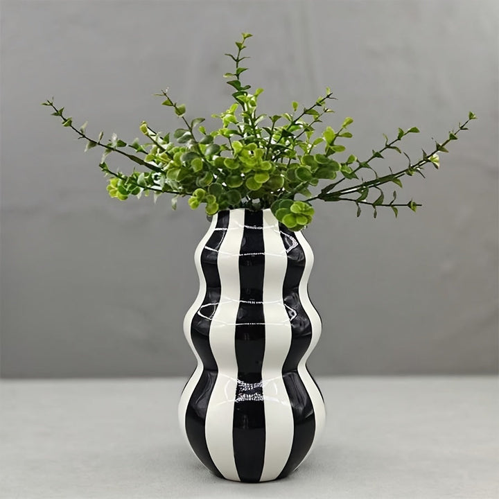 Jarrón de cerámica rústica con rayas, diseño asimétrico en forma de calabaza abstracta, en blanco y negro, decoración para sala, estante o estilo granja, regalo para el Día de la Madre