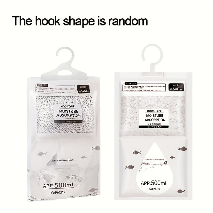 5-Unidad Paquete Grande Bolsas de Absorción de Humedad de 500ml para Ropa - Sin Electricidad, Sin Requerimiento de Energía, Alta Capacidad para Armario y Deshumidificación en el Hogar, Blanco con Acentos Azules, Absorción de Humedad|Diseño Transparente|V