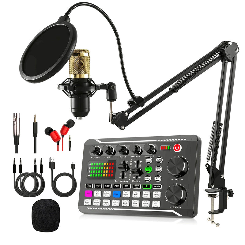 Set profesional de mezcladora de audio F998, estudio de podcast integrado, incluye micrófono condensador de alta calidad con soporte, alimentación dual USB/batería, compatible con PC, laptop y smartphone para grabación de juegos, transmisión en vivo y ex
