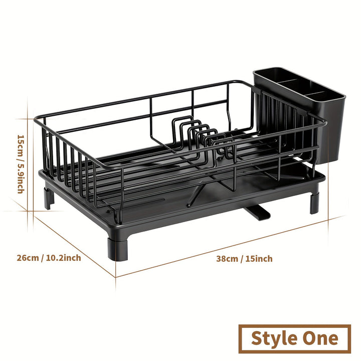 1 pieza de escurridor de platos negro multifuncional con bandeja de drenaje y línea de goteo – Organizador de cocina ahorrador de espacio para platos, tazas, cuchillos, tenedores y palillos – Diseño duradero de metal y plástico, escurridor de platos