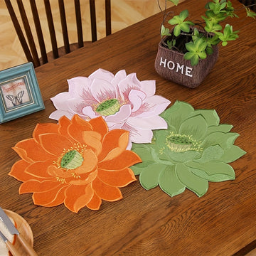 Camino de Mesa Bordado con Flores de Loto Elegante - Rojo Vivo, Blanco, Naranja, Rosa, Verde Mantel de Poliéster para Navidad, Fiestas, Bodas y Decoración del Hogar (15x15cm/30x30cm/35x35cm), Decoración Navideña