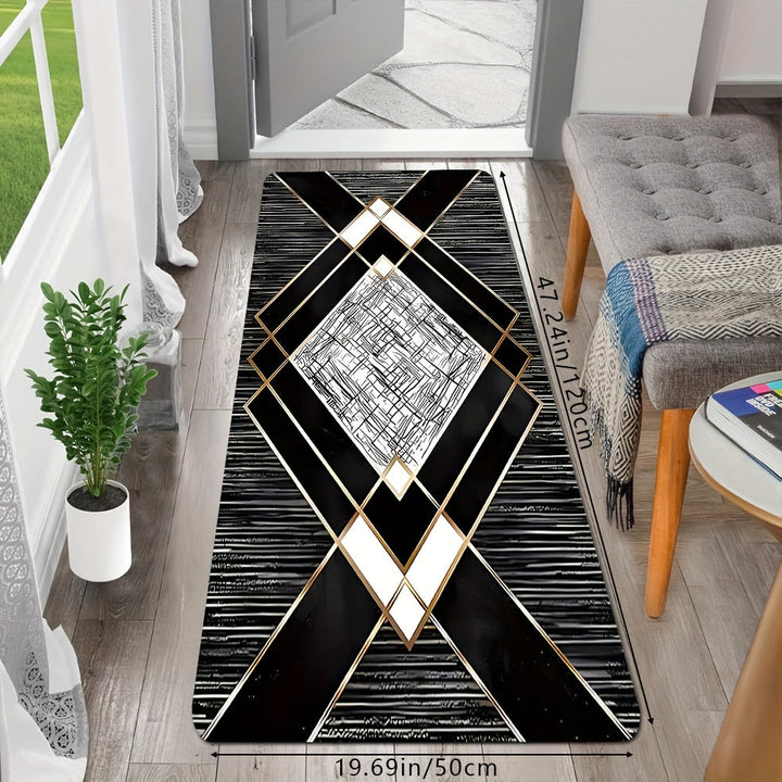 1 alfombra elegante negra y dorada con diseño geométrico, antideslizante, fácil de limpiar, lavable a máquina, de poliéster, para sala, dormitorio, cocina, oficina o baño, decoración rectangular para el hogar, alfombra de baño | Patrón geométrico | Alfom