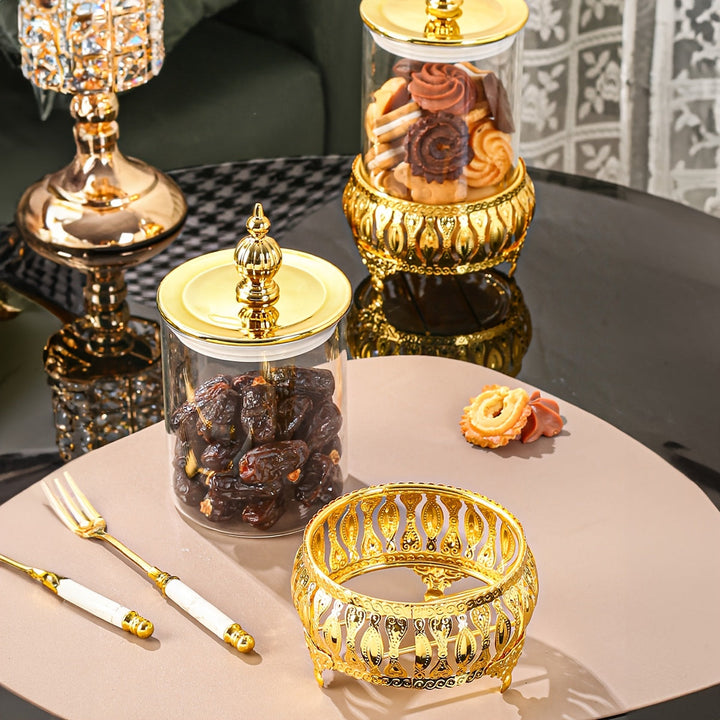 1pc Tarro de vidrio sellado hecho a mano con marco de acero inoxidable dorado, recipiente de almacenamiento de cocina para suministros de té, azúcar, caramelos, galletas, pan, ideal para bodas, regalo, cumpleaños, Navidad