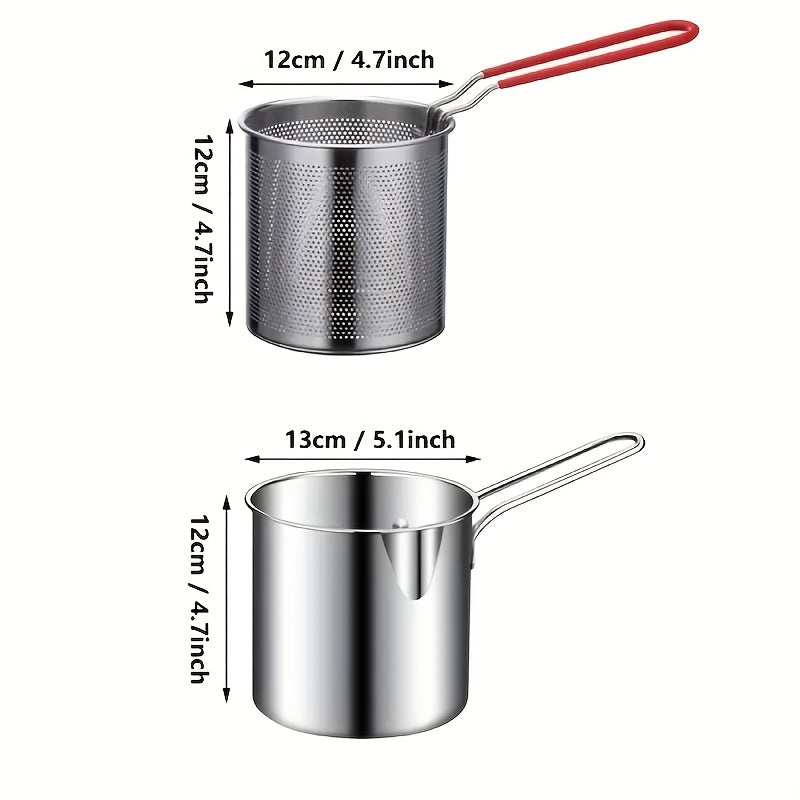 Fritadora profunda de acero inoxidable con soporte de colador integrado - Compacta y duradera, fácil de limpiar, perfecta para papas fritas, pescado y pollo - Esencial para la cocina del hogar, cocina sin aceite, moderna vajilla, material fácil de limpia