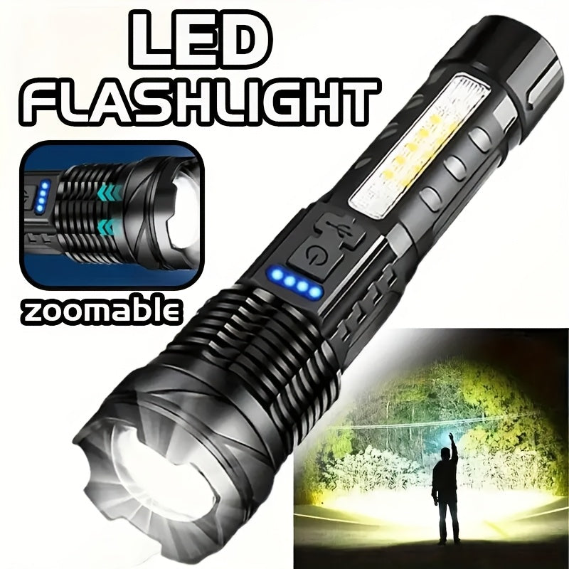 Una linterna multifuncional para exteriores, con un zoom telescópico súper brillante, luz de camping recargable, adecuada para viajes, camping, senderismo, pesca y emergencias.