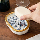 Jabonera de cerámica ovalada de lujo con bandeja de drenaje de doble capa, ribete dorado de estilo americano, elegante jabonera de baño, diseño resistente al agua.