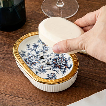 Jabonera de cerámica ovalada de lujo con bandeja de drenaje de doble capa, ribete dorado de estilo americano, elegante jabonera de baño, diseño resistente al agua.