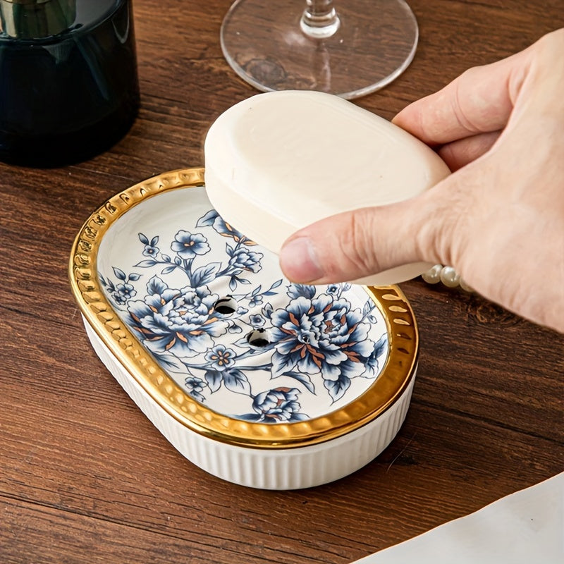 Jabonera de cerámica ovalada de lujo con bandeja de drenaje de doble capa, ribete dorado de estilo americano, elegante jabonera de baño, diseño resistente al agua.
