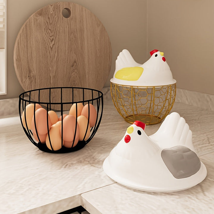 Portador de huevos de cerámica moderna en forma de pollo con acordes coloridos - Elegante cesta de almacenamiento de cocina para huevos y artículos pequeños, material plástico, perfecto para decoración del hogar, portador de huevos para refrigerador.