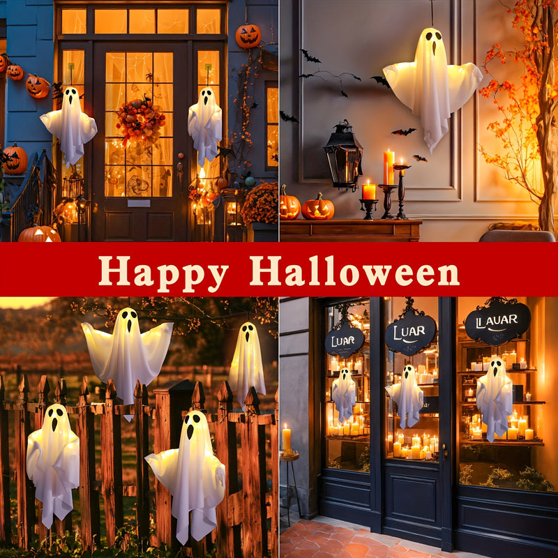Luces LED de Halloween | Fantasmas de Tela de 20 Pulgadas con Ojos Iluminados | Decoraciones Exteriores Alimentadas por Batería para Jardín, Patio y Árboles | Modos de Iluminación Múltiples | Incluye Cuerda para Colgar | Ideal para Festivales de Otoño, L