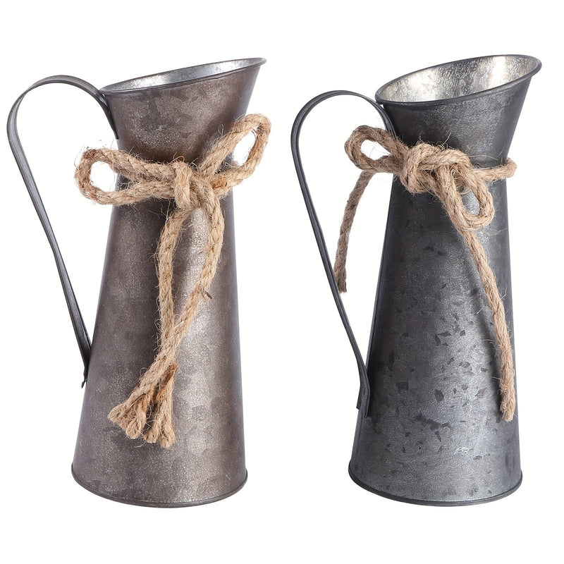 2 piezas de jarrón vintage estilo granja, jarrones rústicos de metal galvanizado para flores secas, macetero shabby chic, jarra de metal con asa para decoración de bodas, hogar y jardín