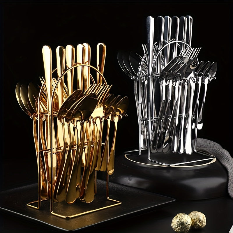Juego de Cubiertos de Acero Inoxidable Dorado de 24 Piezas con Elegante Soporte Metálico - Incluye Cuchillos para Bistec, Tenedores y Tenedores para Postres, Cucharas - Perfecto para el Hogar, Restaurante, Fiesta, Boda