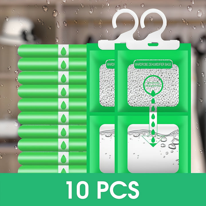 10 piezas de bolsas de desecante de gel de sílice verde - Absorbedor de humedad para armario interior de secado colgante, plástico, no necesita electricidad, operación estándar, ideal para almacenamiento y conservación, control de humedad | Almacenamient