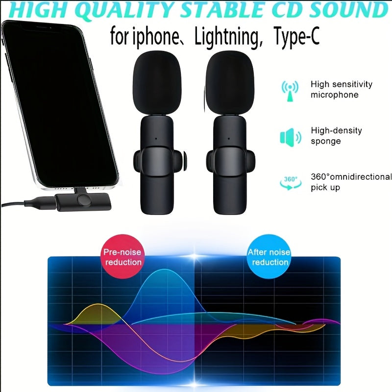 2 Piezas de Micrófono Tipo-C Plug-and-Play para iPhone, iPad y Android - Auto-Sincronización y Reducción de Ruido, Ideal para Grabaciones e Entrevistas. Compatible con Portátiles, Estuche Cargador Incluido, Mini Micrófono sin varillas con Clip