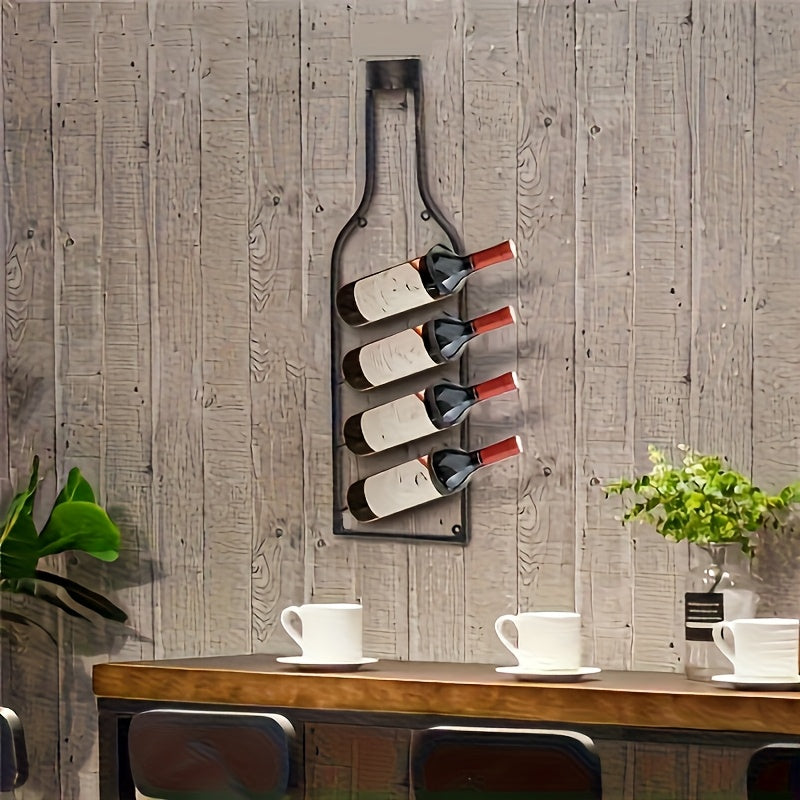 Rack de Vino Montado en la Pared de Bronce Vintage, Capacidad para 4 Botellas - Organizador Decorativo Rústico de Hierro para el Hogar o Bodega de Vinos, Elegante Decoración Temática del Vino con Detalles Dorados, Portabotellas