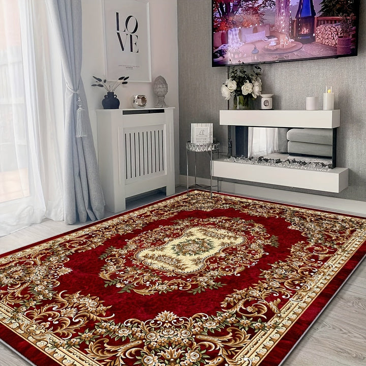 1 Alfombra de Terciopelo VelvetSoft Ultra Suave - Diseño Elegante con Flores Rojas y Geometría Dorada, Antideslizante, Lavable a Máquina, Ligera y Duradera en Poliéster para Sala, Dormitorio, Oficina, Entrada o Camping | Accesorio Hogareño Elegante | Bas