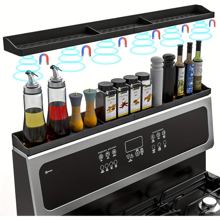 Estantería magnética de silicona para cocina de 30 pulgadas, organizador de almacenamiento abierto no de madera, duradero y apto para lavavajillas, especiero sin electricidad para huecos/hornos planos, con fuerte respaldo magnético - Negro