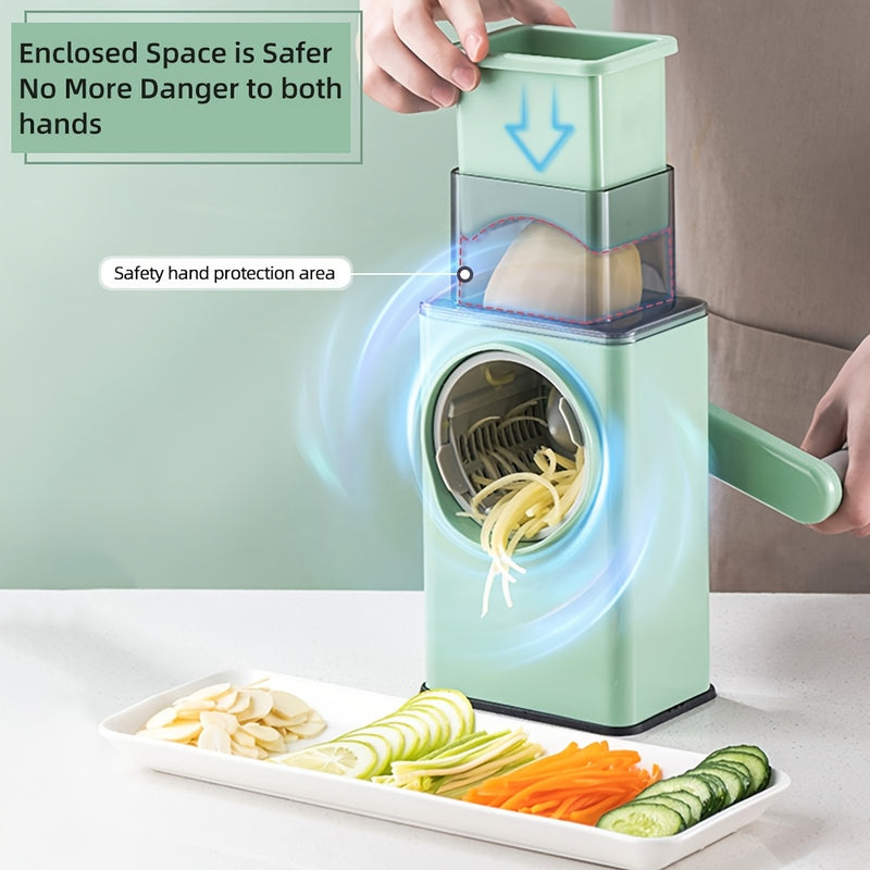 Nirva Rallador de queso rotatorio multiusos con 3 cuchillas intercambiables de acero inoxidable, picadora de verduras con manivela manual, potentes ventosas