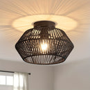 Lámpara de techo estilo boho de mediados de siglo, base E27, montaje semiempotrado, pantalla de 32.0 cm tejida a mano en ratán y metal, acabado barnizado, instalación cableada para dormitorio, pasillo, habitación infantil o sala de estar - Negro
