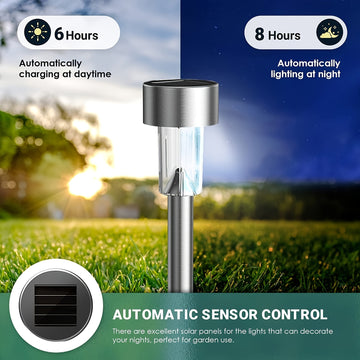 Juego de 12 Luces Solares Tubulares de Acero Inoxidable para Exteriores, Iluminación Paisajística y Jardín con Varilla de Acero Inoxidable, Lámpara para Césped IP44