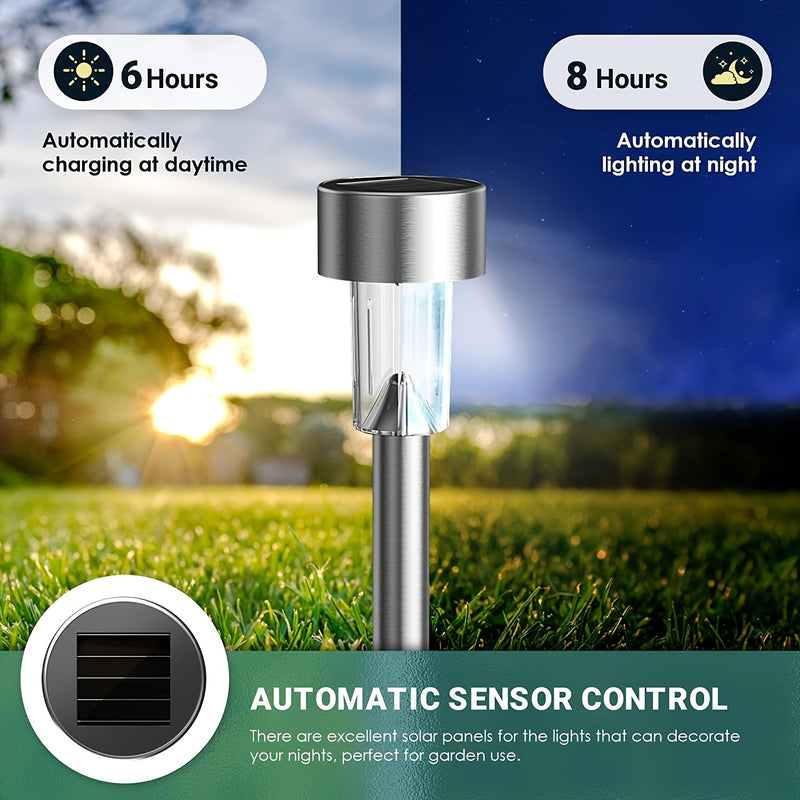 Juego de 12 Luces Solares Tubulares de Acero Inoxidable para Exteriores, Iluminación Paisajística y Jardín con Varilla de Acero Inoxidable, Lámpara para Césped IP44