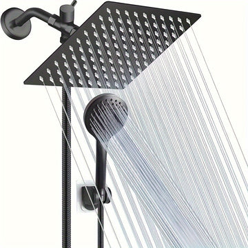 1 juego de cabeza de ducha de acero inoxidable clásico cuadrado, montaje en pared con pulverizador de lluvia, divisor de 3 vías, anti-salpicadura, manguera flexible, soporte sin taladro, acabado pintado, estilo de montaje en pared para experiencia de bañ