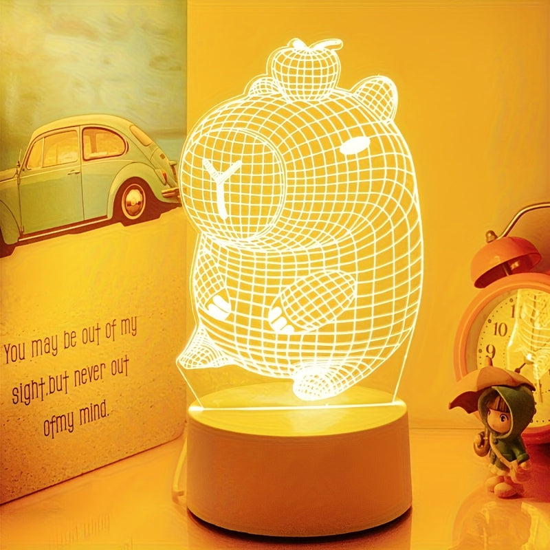Luz nocturna 3D de capibara encantadora, linda lámpara decorativa para habitaciones, luz nocturna de protección ocular, regalo ideal, luz cálida monocromática - alimentada por USB, no requiere pilas.