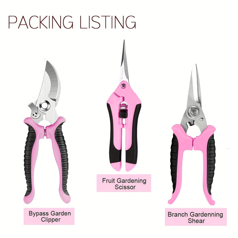3 piezas de tijeras de poda florales profesionales rosas, tijeras de poda para jardinería, tijeras de rama con cuchillas de acero inoxidable, juego de herramientas de poda portátiles en embalaje en caja.