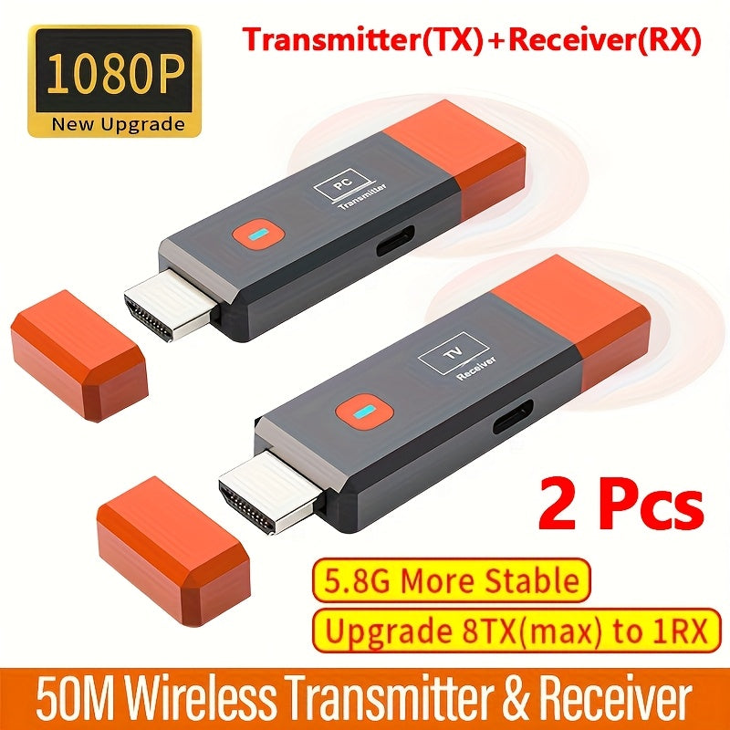 Transmisor y Receptor sin varillas HDTV-Compatible 1080P 50m Extensor Portátil de Video y Audio para TV, Cámara, PC, Proyector o Monitor Plug and Play 2.4G/5.8G Baja Latencia 8TXs a 1RX para Hogar u Oficina
